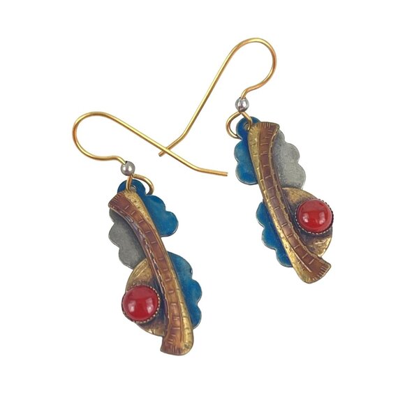 Brass Red Jasper Vintage Boho Dangly Earrings Blue Enamel Hand Made - Picture 6 of 8